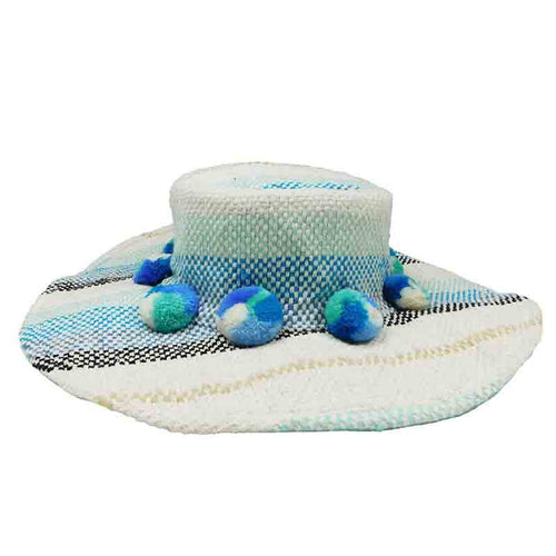 Basketweave Bohemian Hat with Large Pom Poms  - America and Beyond Wide Brim Hat America and Beyond  Blue OS
