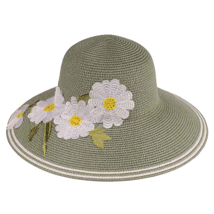 Big Brim Summer Hat with Embroidered Flower Accent - Jeanne Simmons Wide Brim Hat Jeanne Simmons Accessories JS8340GN Green Medium (57 cm)