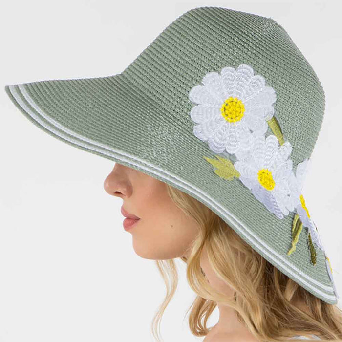 Big Brim Summer Hat with Embroidered Flower Accent - Jeanne Simmons Wide Brim Hat Jeanne Simmons Accessories
