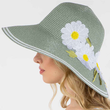 Big Brim Summer Hat with Embroidered Flower Accent - Jeanne Simmons Wide Brim Hat Jeanne Simmons Accessories