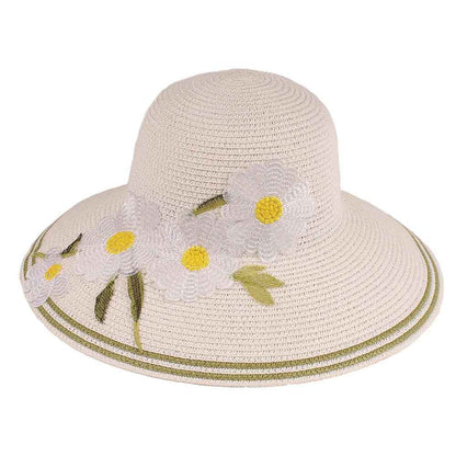 Big Brim Summer Hat with Embroidered Flower Accent - Jeanne Simmons Wide Brim Hat Jeanne Simmons Accessories JS8340WH White Medium (57 cm)