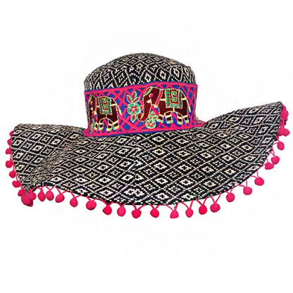 Black and White Jacquard Bohemian Hat with Elephant Band - America and Beyond Wide Brim Hat America and Beyond  Black / White OS