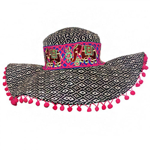 Black and White Jacquard Bohemian Hat with Elephant Band - America and Beyond Wide Brim Hat America and Beyond  Black / White OS