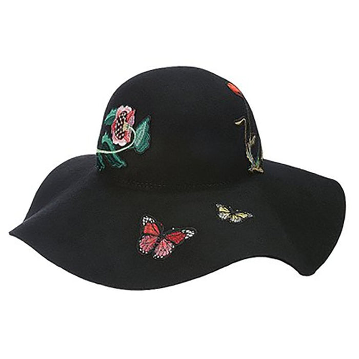 Black Wide Brim Hat with Embroidered Appliques - Brooklyn Hats Wide Brim Hat Brooklyn Hat BKN1602 Black M/L