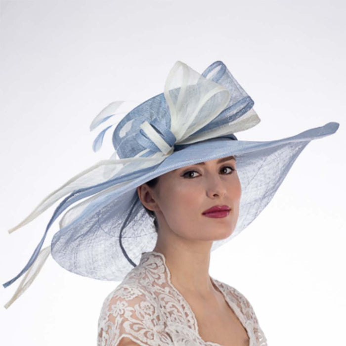 Blue and Ivory Long Bow Wide Brim Derby Hat - KaKyCO Dress Hat KaKyCO