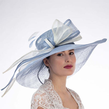 Blue and Ivory Long Bow Wide Brim Derby Hat - KaKyCO Dress Hat KaKyCO