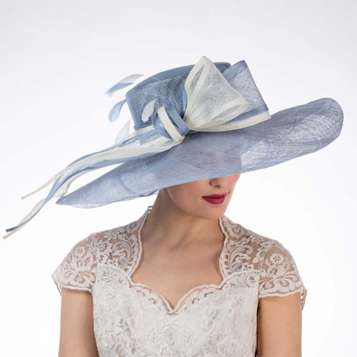 Blue and Ivory Long Bow Wide Brim Derby Hat - KaKyCO Dress Hat KaKyCO 11904849A25 Blue and White M/L (58 cm)