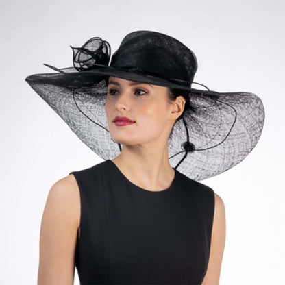 Calla Lily Adorned Black Wide Brim Sinamay Derby Hat - KaKyCO Dress Hat KaKyCO 11713812 Black M/L (58 cm)
