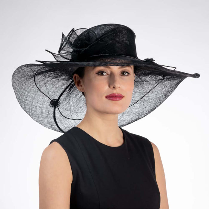 Calla Lily Adorned Black Wide Brim Sinamay Derby Hat - KaKyCO Dress Hat KaKyCO