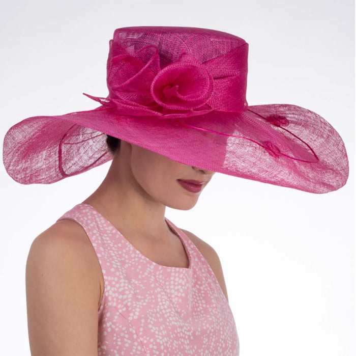 Calla Lily Adorned Fuchsia Wide Brim Sinamay Derby Hat - KaKyCO Dress Hat KaKyCO 11713895 Fuchsia M/L (58 cm)