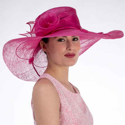 Calla Lily Adorned Fuchsia Wide Brim Sinamay Derby Hat - KaKyCO Dress Hat KaKyCO