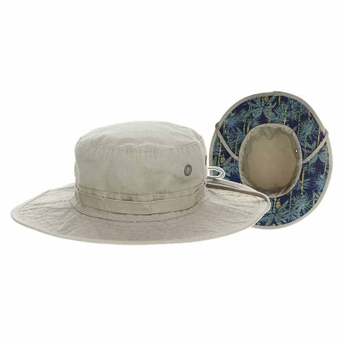 Cotton Boonie with Tropical Print Underbrim - DPC Hats Bucket Hat Dorfman Hat Co. BH222KHM Khaki Medium (22.5")