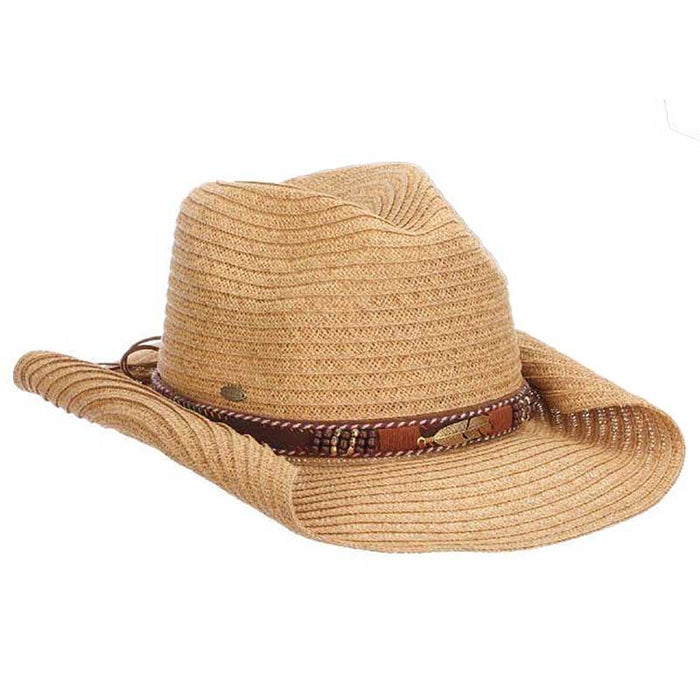 Cowboy Hat with Embroidered Leatherette Band - Scala Hats Cowboy Hat Scala Hats LP328 Toast