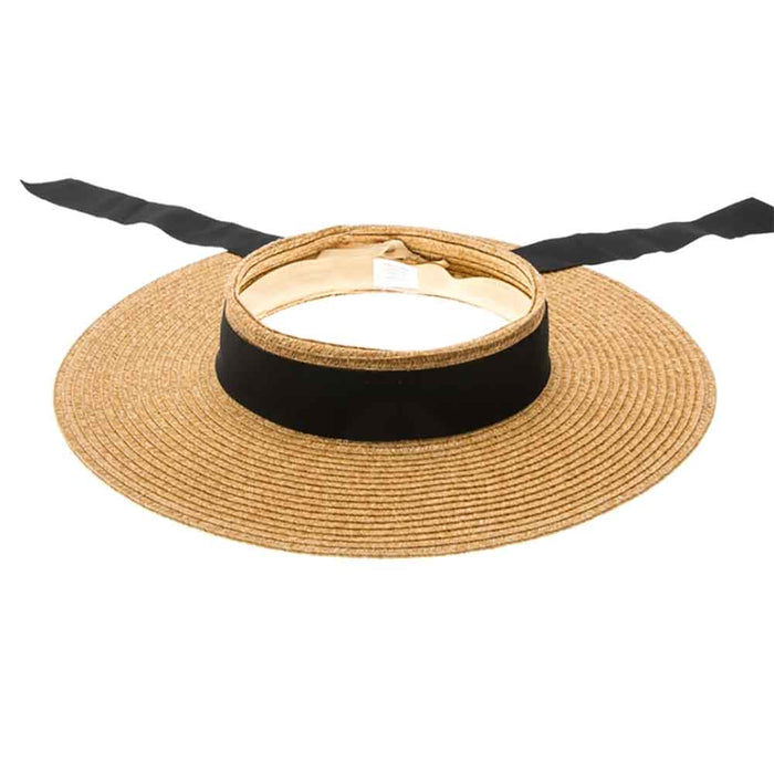 Crownless Sun Hat with Long Ribbon Bow - Boardwalk Hats Visor Cap Boardwalk Style Hats DA1933-NAT Tan OS (57-58 cm)