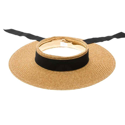 Crownless Sun Hat with Long Ribbon Bow - Boardwalk Hats Visor Cap Boardwalk Style Hats DA1933-NAT Tan OS (57-58 cm)