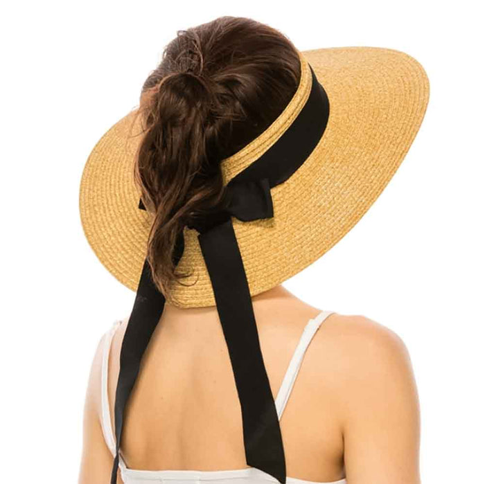 Crownless Sun Hat with Long Ribbon Bow - Boardwalk Hats Visor Cap Boardwalk Style Hats