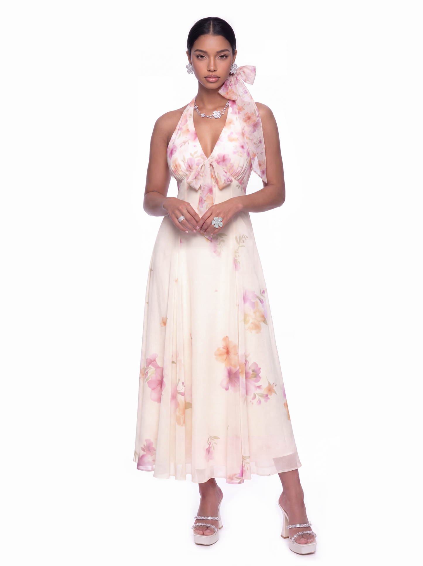 Lana Halter Floral Beige Dress