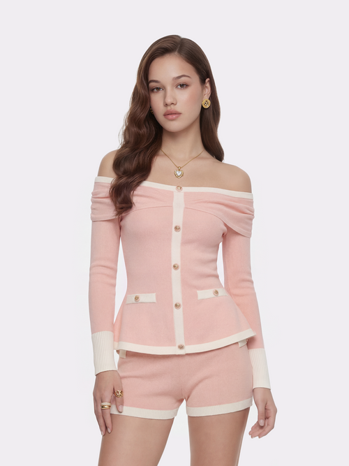Colette Off-Shoulder Contrast Knit Pink Top