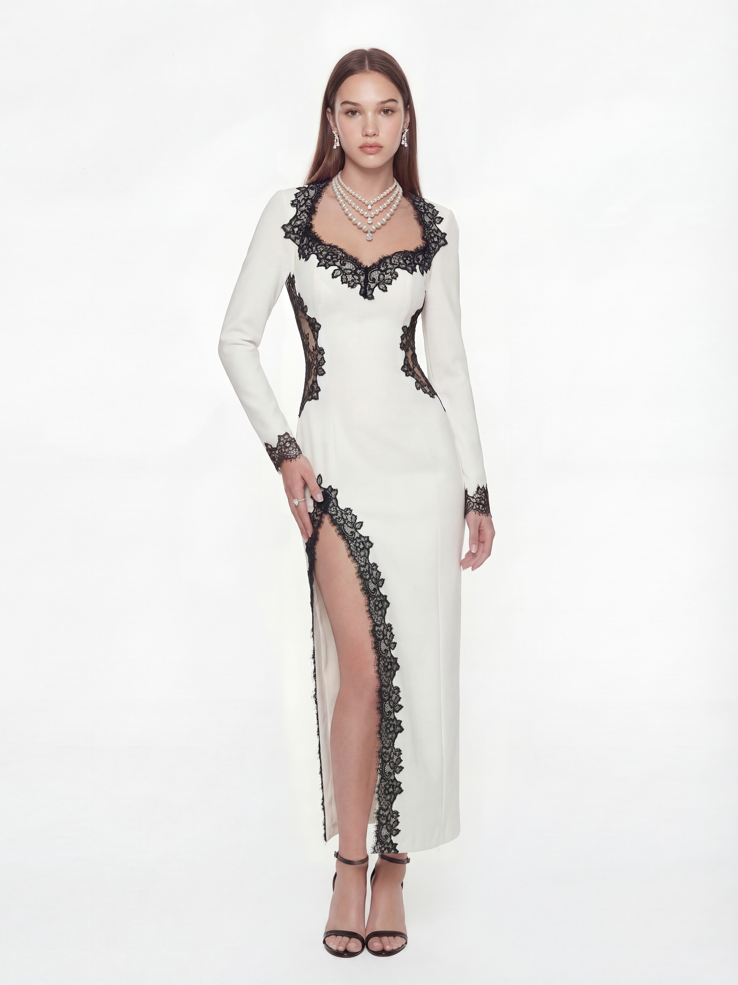 Adriana Lace Trim High-Slit Ivory Acetate Dress