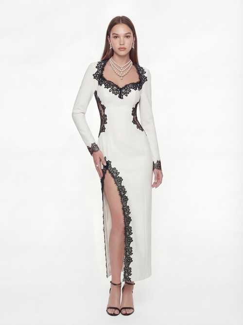 Adriana Lace Trim High-Slit Ivory Acetate Dress