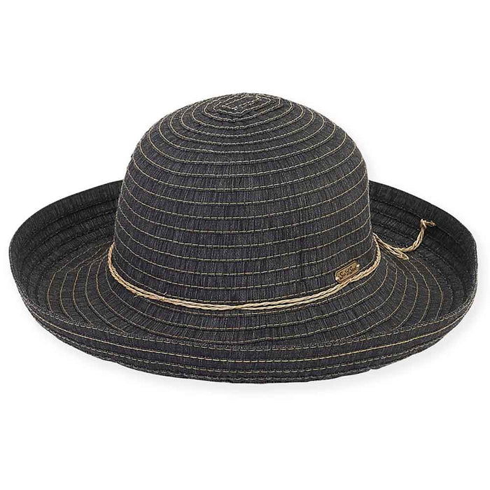 Denim Ribbon Up Brim Sun Hat with Straw String Bow - Sun 'n' Sand Hats Kettle Brim Hat Sun N Sand Hats HH1919B Black Medium (57 cm)