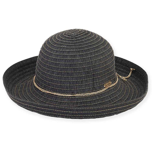 Denim Ribbon Up Brim Sun Hat with Straw String Bow - Sun 'n' Sand Hats Kettle Brim Hat Sun N Sand Hats HH1919B Black Medium (57 cm)