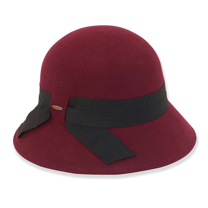 Double Ribbon Band Wool Felt Cloche - Adora® Wool Hat Cloche Adora Hats AD1280B Burgundy Medium (57.5 cm)