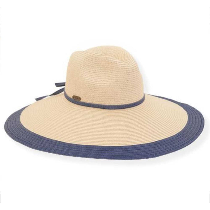 Extra Wide Brim Straw Beach Hat with Denim Accent - Sun 'N' Sand Hat Safari Hat Sun N Sand Hats HH2654B Natural OS (57 cm)