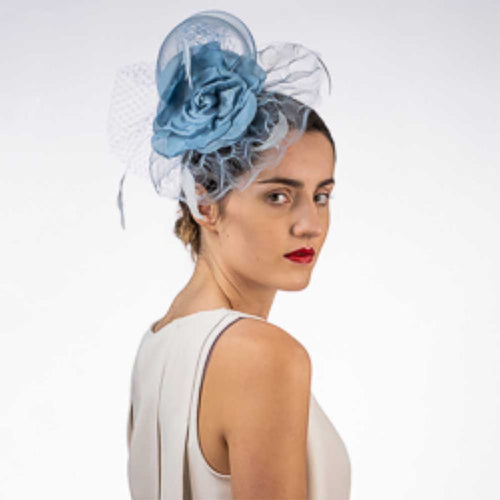 Flower Adorned Crinoline Comb Fascinator - KaKyCO Fascinator KaKyCO 5830C-BL Blue