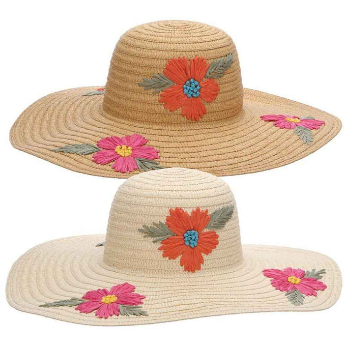Flower Embroidered Wide Brim Beach Hat - Cappelli Straworld Wide Brim Sun Hat Cappelli Straworld CSW377 Tea Medium (57 cm)