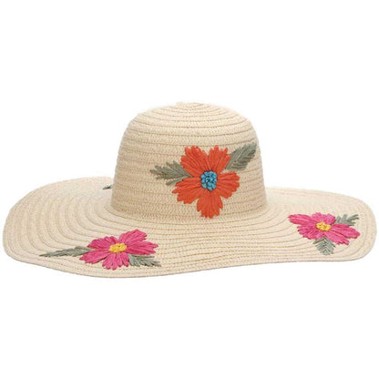 Flower Embroidered Wide Brim Beach Hat - Cappelli Straworld Wide Brim Sun Hat Cappelli Straworld