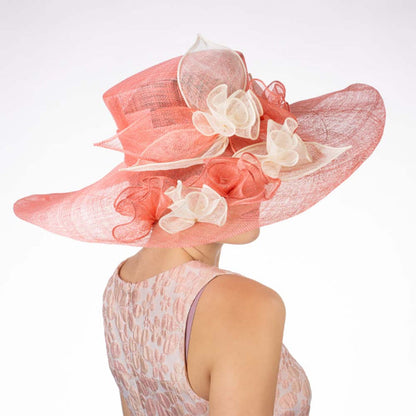 Flower String Wide Brim Pink and Ivory Sinamay Dress Hat - KaKyCO Dress Hat KaKyCO 11906115425 Pink / Ivory M/L (58 cm)