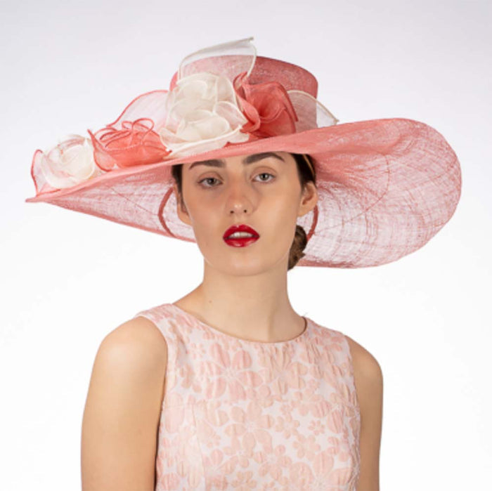 Flower String Wide Brim Pink and Ivory Sinamay Dress Hat - KaKyCO Dress Hat KaKyCO