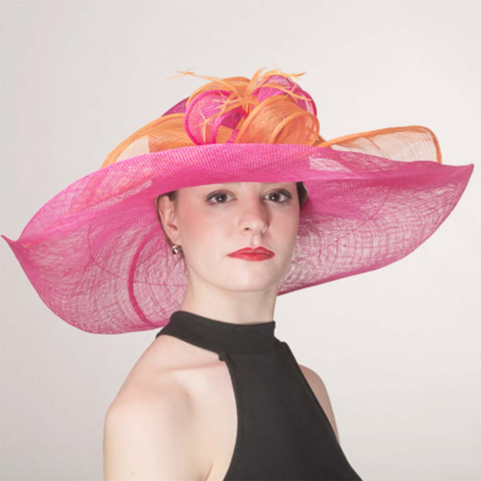 Fuchsia and Orange Two Tone Wide Brim Sinamay Derby Hat - KaKyCO Dress Hat KaKyCO 1171439596 Fuchsia / Orange Medium (57 cm)