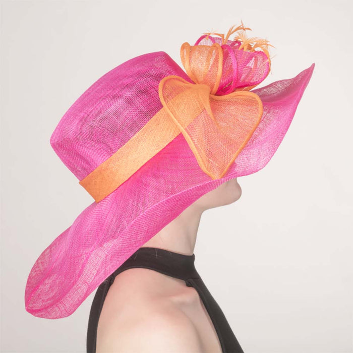 Fuchsia and Orange Two Tone Wide Brim Sinamay Derby Hat - KaKyCO Dress Hat KaKyCO