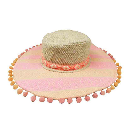 Golden Thread Pink Jacquard Bohemian Hat  - America and Beyond Wide Brim Hat America and Beyond