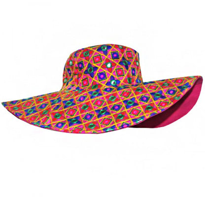 Hot Pink Bohemian Hat Accented with Tiny Mirrors - America and Beyond Wide Brim Hat America and Beyond