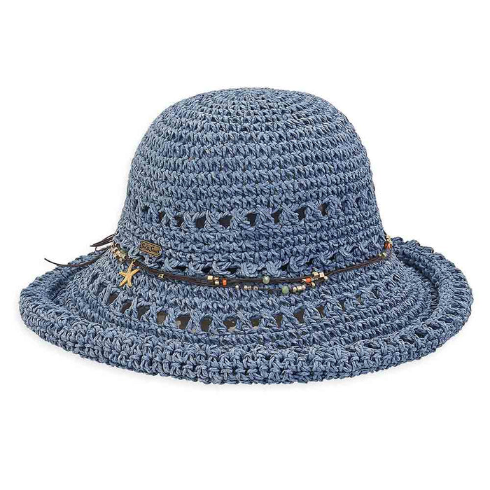 Indigo Rolled Brim Crochet Toyo Summer Hat - Sun 'N' Sand Hats Wide Brim Hat Sun N Sand Hats HH2593B Blue Medium (57 cm)