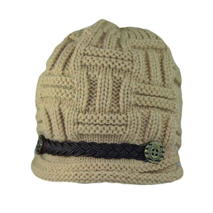 Knit Beanie with Braided Band and Button Accent - Jeanne Simmons Beanie Jeanne Simmons Accessories JS7963 Tan M/L