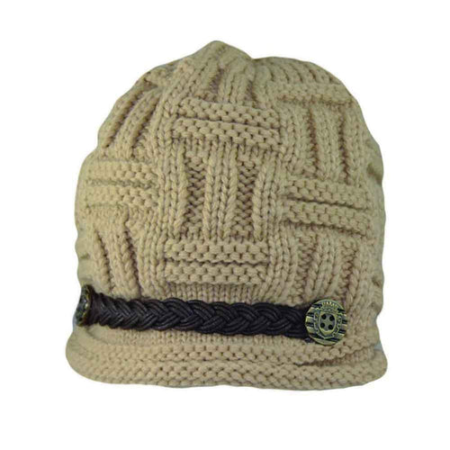 Knit Beanie with Braided Band and Button Accent - Jeanne Simmons Beanie Jeanne Simmons Accessories JS7963 Tan M/L