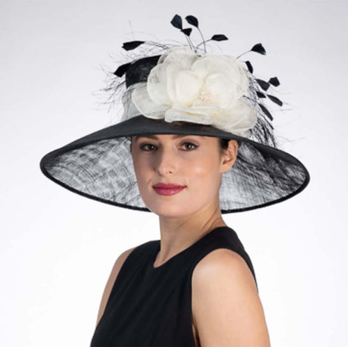 Large Size Wide Downturned Brim Sinamay Dress Hat - KaKyCO Dress Hat KaKyCO 1191621225 Black / Ivory Large (58.5 cm)