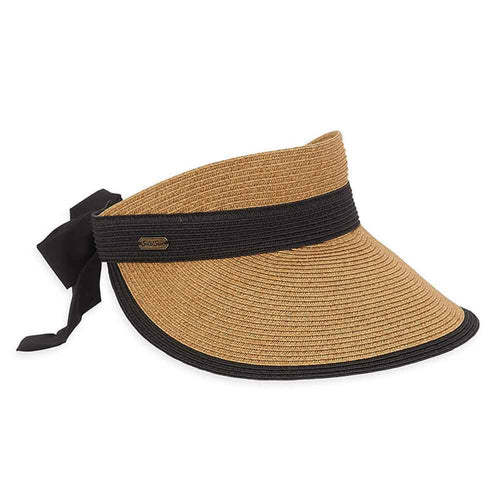 Large Straw Visor Hat with Long Bow - Sun 'N' Sand Hats Visor Cap Sun N Sand Hats HH2613B Tan