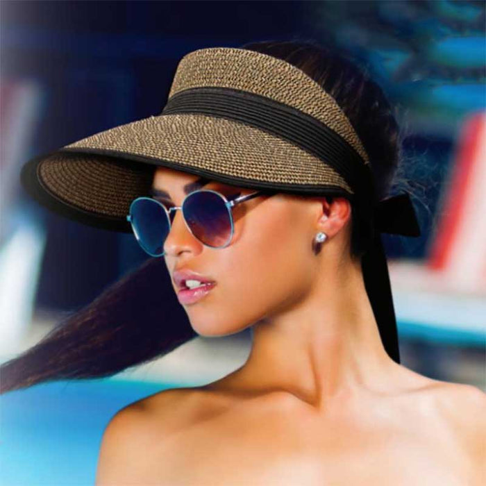 Large Straw Visor Hat with Long Bow - Sun 'N' Sand Hats Visor Cap Sun N Sand Hats