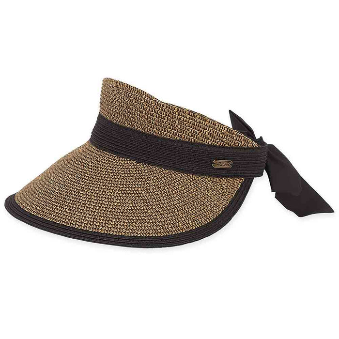 Large Straw Visor Hat with Long Bow - Sun 'N' Sand Hats Visor Cap Sun N Sand Hats HH2613C Black Tweed