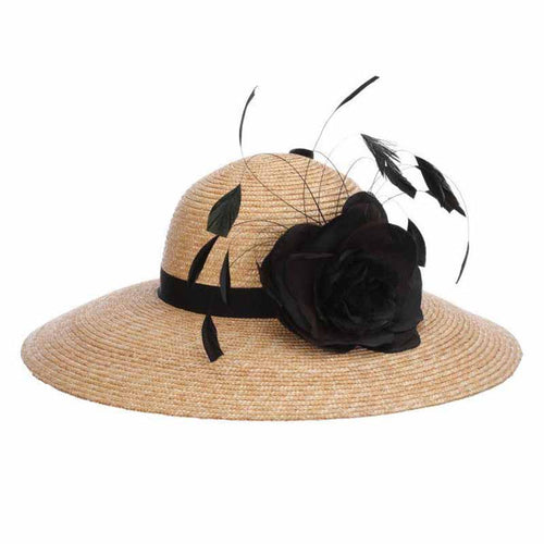 Milan Braid Wheat Straw Hat with Flower and Feathers - Callanan Hats Wide Brim Hat Callanan Hats CR360 Natural OS (57 cm)