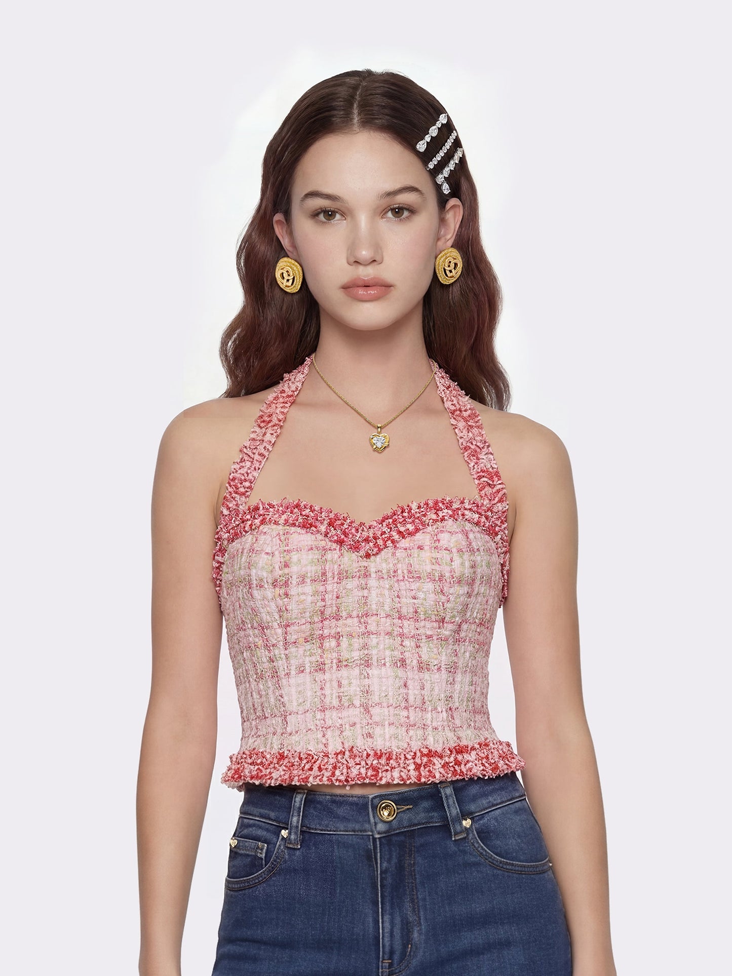 Bianca Metallic-Woven Halter Pink Top