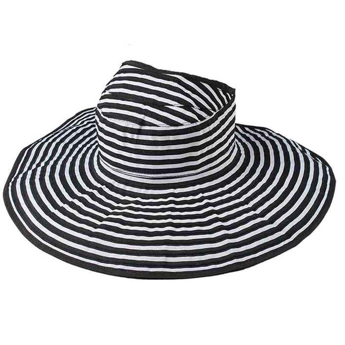 Open Crown Ponytail Roll Up Striped Sun Visor Hat - Jeanne Simmons Hats Facesaver Hat Jeanne Simmons Accessories JS6016BK Black / Grey OS