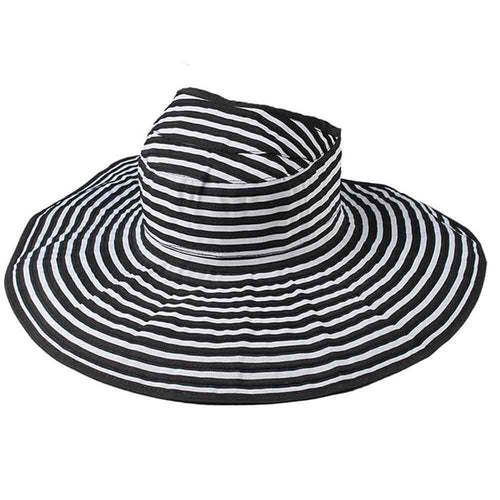 Open Crown Ponytail Roll Up Striped Sun Visor Hat - Jeanne Simmons Hats Facesaver Hat Jeanne Simmons Accessories JS6016BK Black / Grey OS