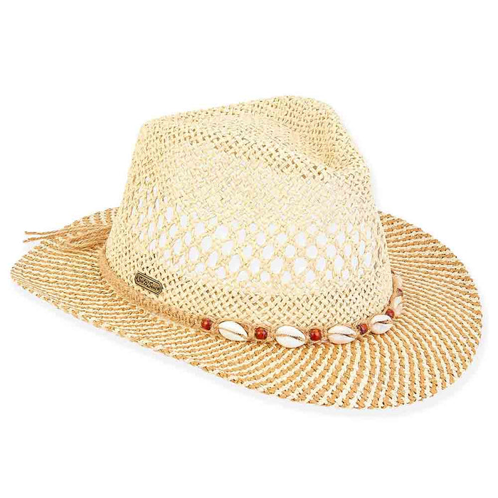 Open Weave Twisted Toyo Fedora with Shells  - Sun 'N' Sand Hats Fedora Hat Sun N Sand Hats HH2963 Natural OS (57 cm)