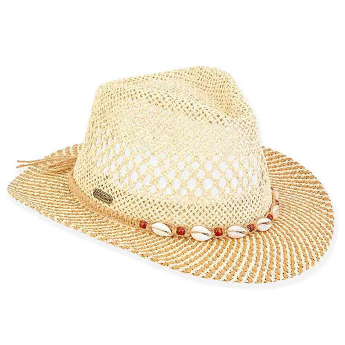 Open Weave Twisted Toyo Fedora with Shells  - Sun 'N' Sand Hats Fedora Hat Sun N Sand Hats HH2963 Natural OS (57 cm)
